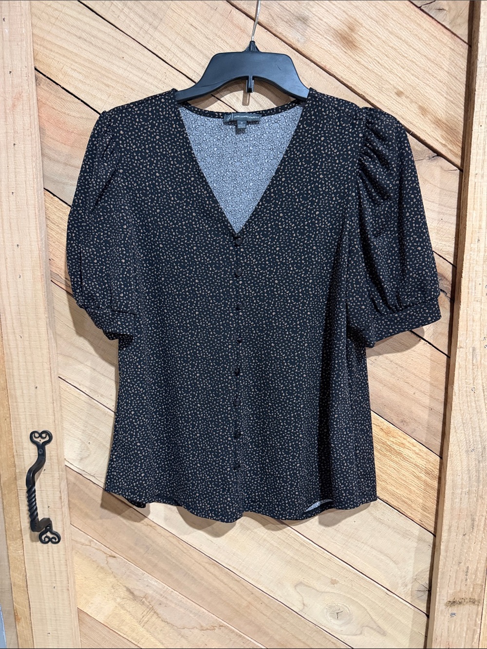 Adrianna Papell Black V-Neck Puff Sleeve Button Blouse with Gold Dot Print